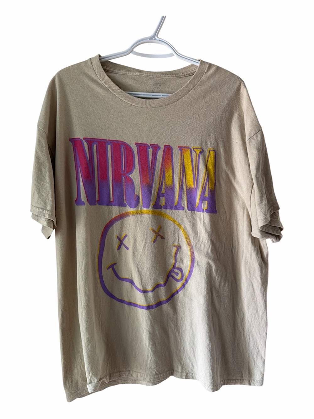 NIRVANA Beige Tee with Purple and Yellow Graphic